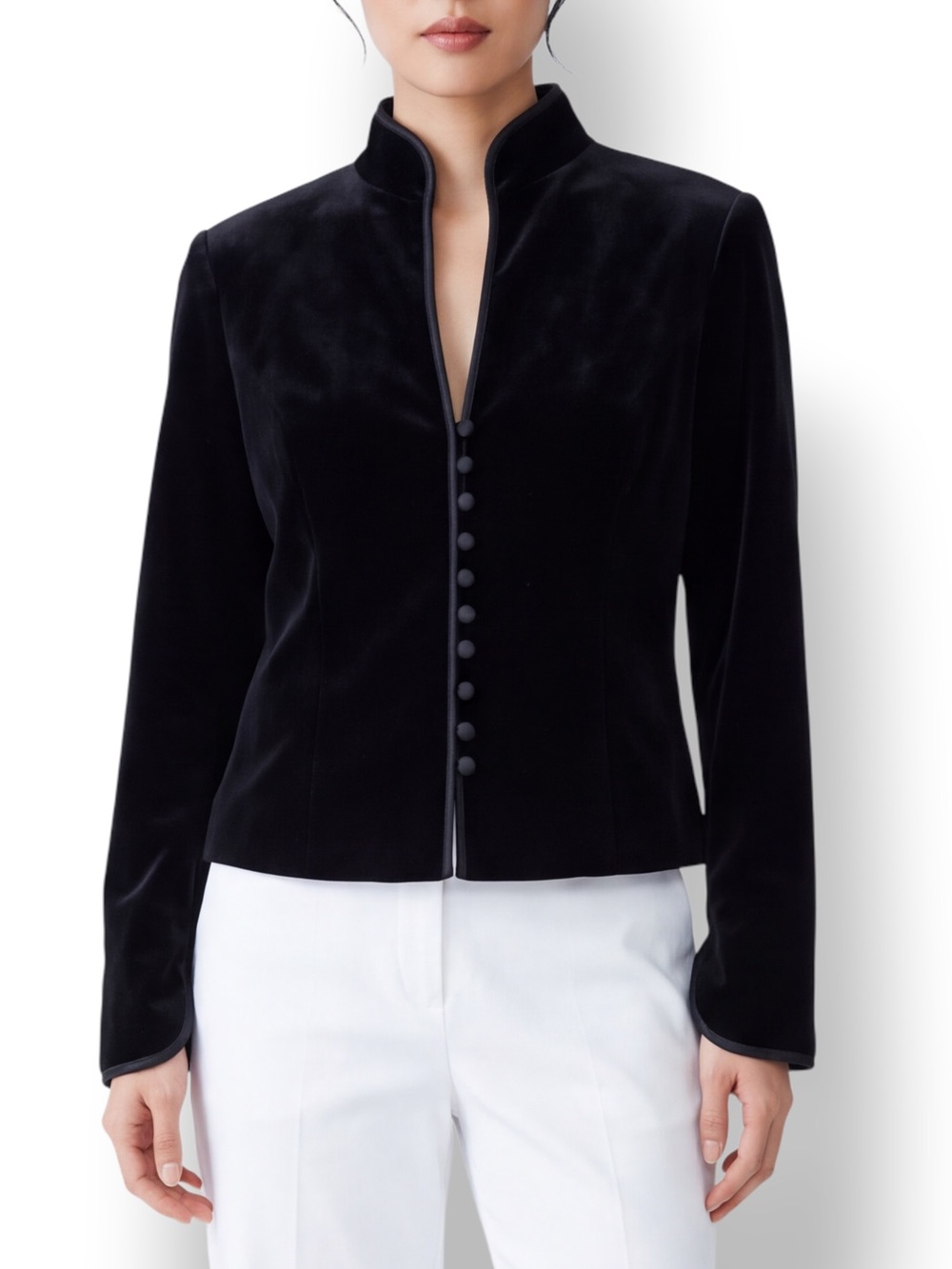 JS Collections Black Velvet Mandarin Collar Button Front Jacket Size 12